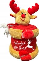 Pluszowy renifer z kocem polarowym z haftem PREZENT NA ŚWIĘTA TWÓJ NAPIS