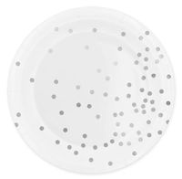 Talerzyki papierowe białe w srebrne kropki, 23 cm 6 szt.