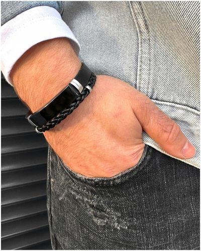 Bransoletka męska SKÓRZANA z GRAWEREM czarna STAL prezent + GRAWER GRATIS na Arena.pl