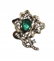 Broszka róża z zielonym kryształkiem i cyrkoniami ażurowa kolor złoty 3cm