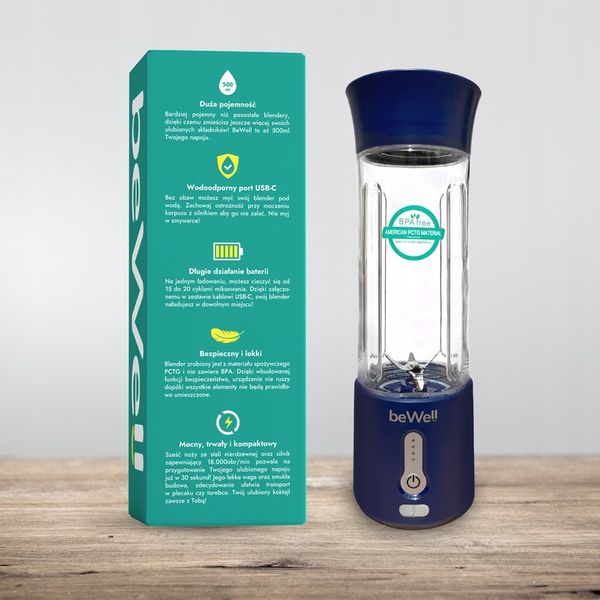 BLENDER KIELICHOWY DO SMOOTHIE I KOKTAJLI RECZNY beWell 500ml BEZPRZEWODOWY zdjęcie 2
