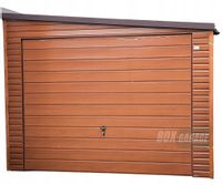 GARAŻ BLASZANY 3,5m x 6m poziom - spad w prawo - 2x Brama uchylna - jasny orzech - drewnopodobny BOX63 3,5x6