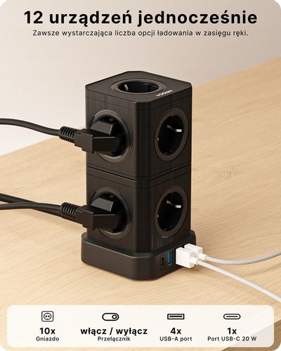 Voomy Stack Power Cube 10 - 2M power socket, 3 USB-A and 1 USB-C 20W Czarny na Arena.pl