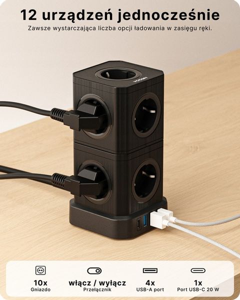 Voomy Stack Power Cube 10 - 2M power socket, 3 USB-A and 1 USB-C 20W Czarny zdjęcie 2