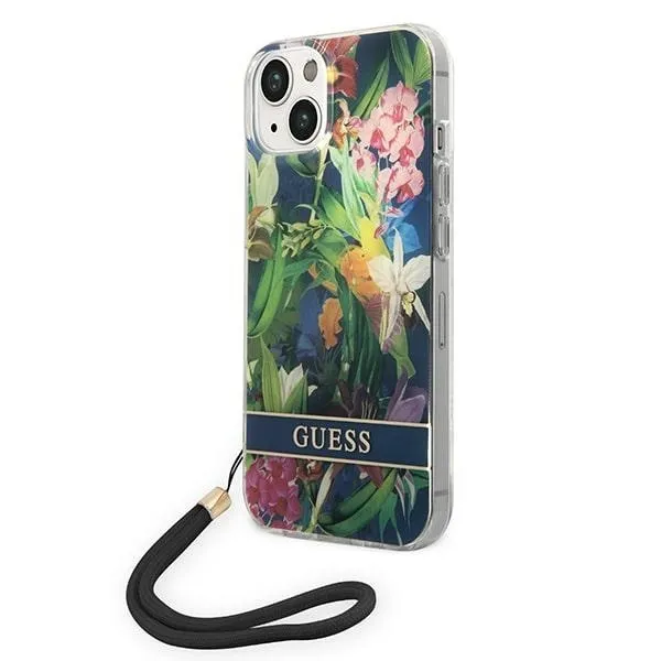 Etui Guess Flower Strap na iPhone 14 Plus - niebieskie zdjęcie 1