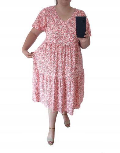 Prosta Sukienka Midi W Kwiaty O Oversizowym Luźnym Kroju L 40 Łosoś na Arena.pl