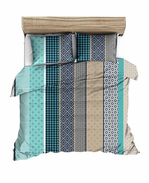 Pościel z kory 160x200 turkusowa beż szara pasy romby geometria zdjęcie 1