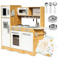 Wielka Drewniania Kuchnia dla Dzieci Zestaw Fartuch Akcesoria Światła LED