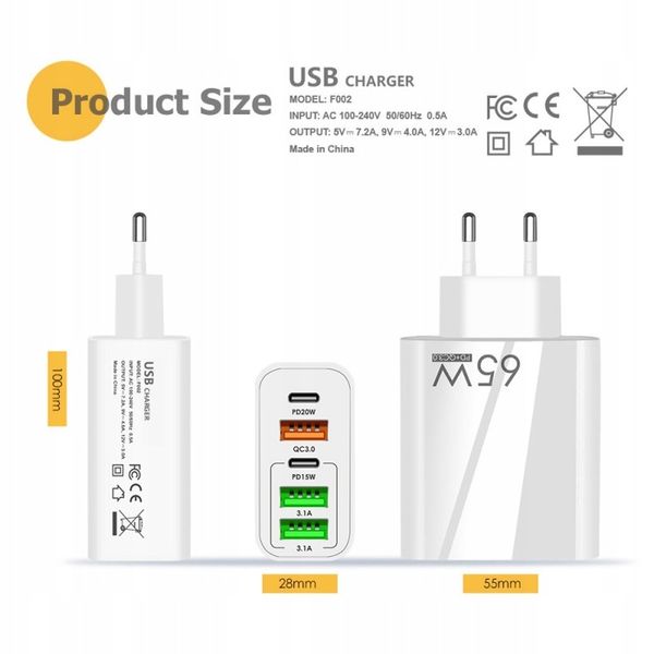 65W SZYBKA ŁADOWARKA SIECIOWA - 2x USB-C PowerDelivery 3x USB-A QC 3.0 zdjęcie 4