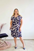 Sukienka Midi z Paskiem Wzorzysta Granatowo-Beżowa M