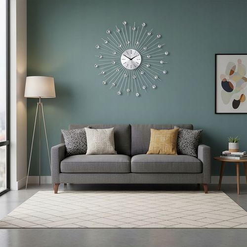 ZEGAR ŚCIENNY KRYSZTAŁKI SREBRNY SŁOŃCE DUŻY STYLOWY NA ŚCIANĘ CRISTAL 50cm na Arena.pl