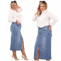 SPÓDNICA JEANSOWA Z ROZCIĘCIEM DUŻE ROZMIARY ZA KOLANO OŁÓWKOWA ELEGANCKA