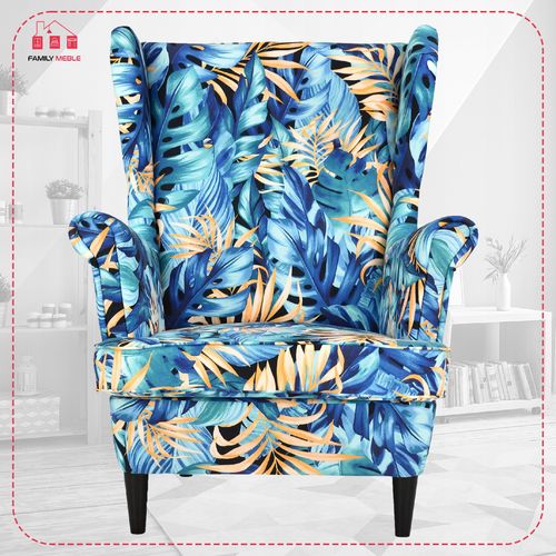 Fotel uszak ARI PRINT z podnóżkiem, skandynawski Family Meble monstera na Arena.pl