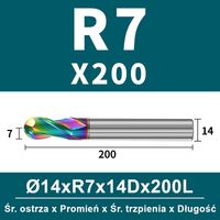 Frez kulowy, kula 2-ostrzowy VHM powłoka DLC Rozmiar: Ø14.0xR7x14Dx200L