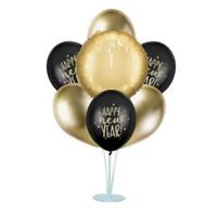Zestaw balonów sylwestrowych na stojaku Happy New Year złoty zegar