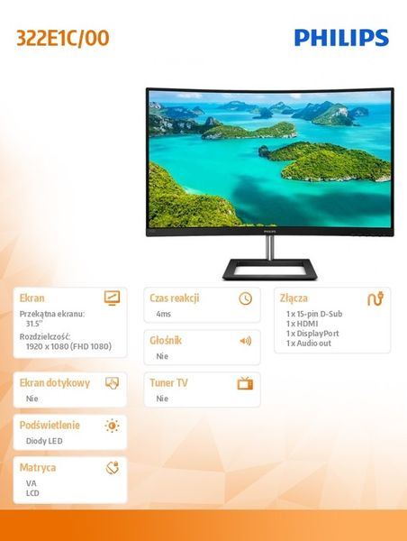 Monitor 32 cale Philips E-line 322E1C/00 FHD VA zdjęcie 15