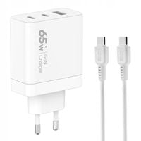 Szybka ładowarka sieciowa 3A 65W 1xUSB + 2xType-C + kabel Type-C/Type-C 3A