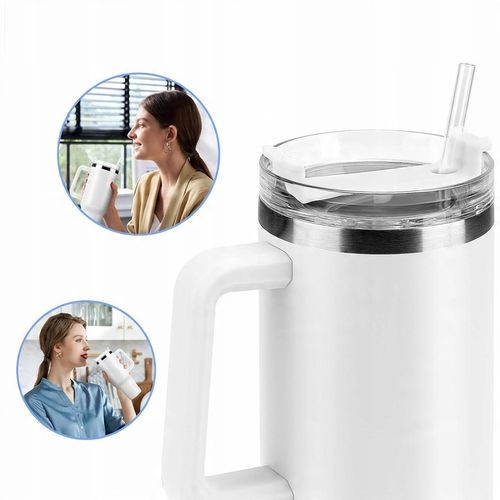 DUŻY KUBEK TERMICZNY Z UCHWYTEM I SŁOMKĄ TERMOS DUŻY 1200ML BIAŁY na Arena.pl