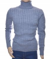 Ciepły wełniany sweter męski z golfem golf szetland z wełny M niebieski