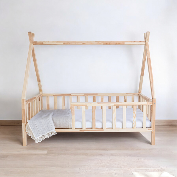 ŁÓŻKO TIPI 140x80 DREWNIANE ŁÓŻKO DZIECIĘCE BARIERKA + STELAŻ SOSNA