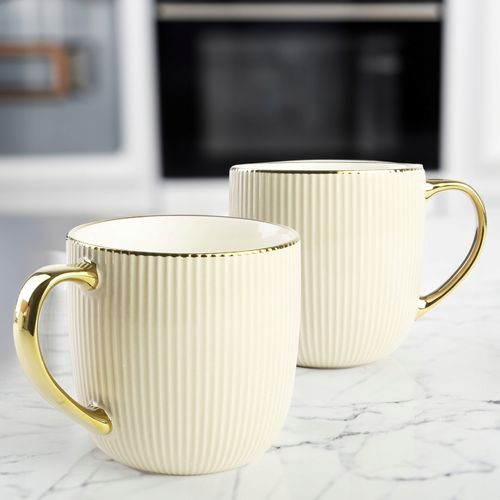 PORCELANOWY KUBEK NA KAWĘ HERBATĘ BEŻOWY ZDOBIONY ZE ZŁOTYM UCHEM 400ML na Arena.pl