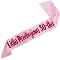 Przebojowa 50-tka + imię - jasnoróżowa szarfa z fuksjowym nadrukiem