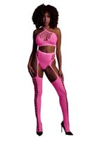 neonowy komplet ouch! crop top i pończochy różowy xs/xl