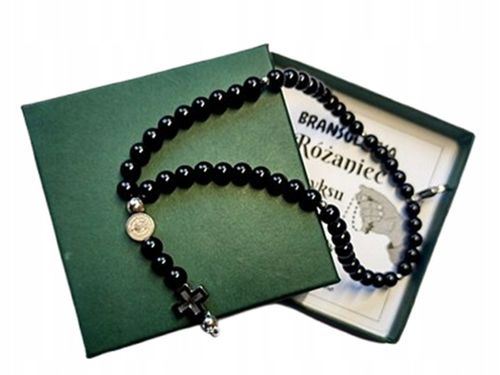Bransoletka Męska RÓŻANIEC na rękę CAŁY PEŁNY z kamieni ONYKSU św.Benedykt na Arena.pl