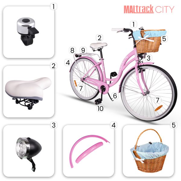 Rower Miejski MalTrack Citybike Dreamer 1-speed Pink 28" + Koszyk Niebieski zdjęcie 13