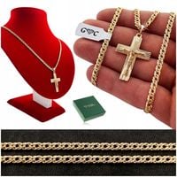 ZŁOTY ŁAŃCUSZEK MĘSKI ROMBO Z KRZYŻYKIEM ZE STALI CHIRURGICZNEJ 55cm+GRAWER