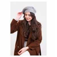 Beret Damski SZARY z Angory z Antenką Dzianinowy Ozdobny Zimowy