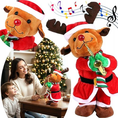 TAŃCZĄCY RENIFER W STROJU MIKOŁAJA Z SAKSOFONEM GRAJĄCA OZDOBA ŚWIĄTECZNA na Arena.pl