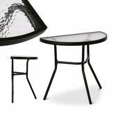 STOLIK ze SZKLANYM Blatem HARTOWANYM PÓŁOKRĄGŁY Metalowy BALKONOWY Tadar