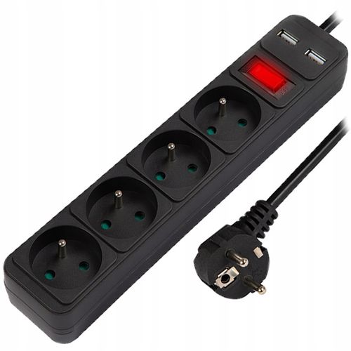 PRZEDŁUŻACZ LISTWA ZASILAJĄCA WŁĄCZNIK GRUBY SZNUR 3M 4 GNIAZDA 2xUSB na Arena.pl