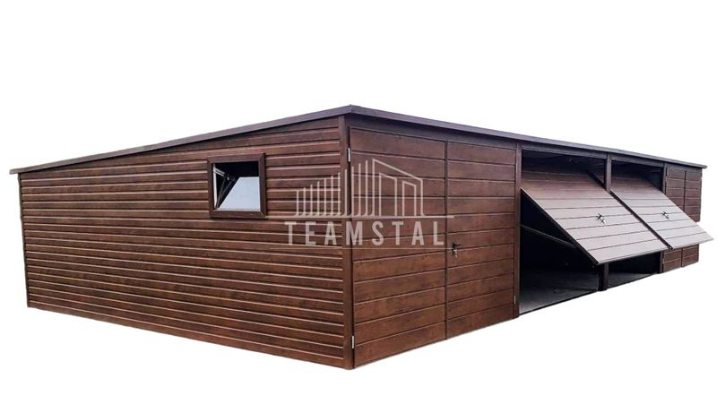 GARAŻ BLASZANY 12m x 5m poziom - spad tył 4x Brama - ciemny orzech TS224 12x5 zdjęcie 1