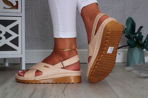 SANDAŁY DAMSKIE POLSKIE SKÓRA NISKI KOTURN RZEP na Arena.pl