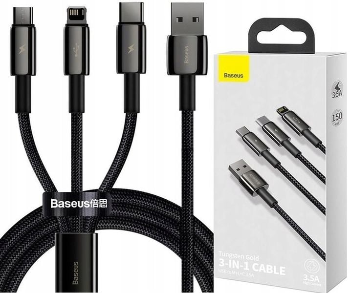 BASEUS Szybki Kabel USB 3w1 Lightning do iPhone microUSB USB-C 1,5m 3.5 A zdjęcie 1