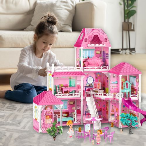 Duży Domek Dla Lalek Villa Rozkładany z Mebelkami, Laleczkami i Pieskami XXL na Arena.pl