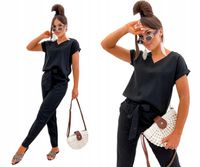 PREMIUM KOMPLET LNIANY SPODNIE BLUZKA W SEREK KRÓTKI RĘKAW S / 36