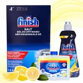 Finish Mega Zestaw do Zmywarki Finish Sól Czyścik Nabłyszczacz Lemon