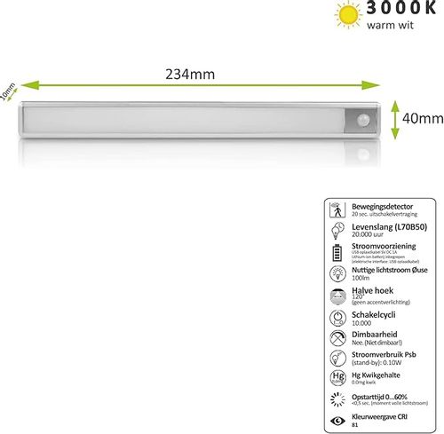 Lumare Lampa LED 1,5 W 100 lm Ultra płaska 240 mm 3000 K Czujnik ruchu na Arena.pl
