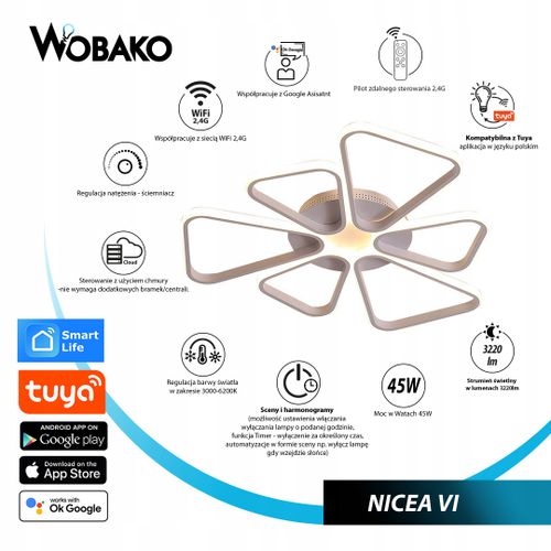 Lampa NICEA VI Wifi sufit PLAFON żyrandol 68cm LED Tuya Wobako na Arena.pl
