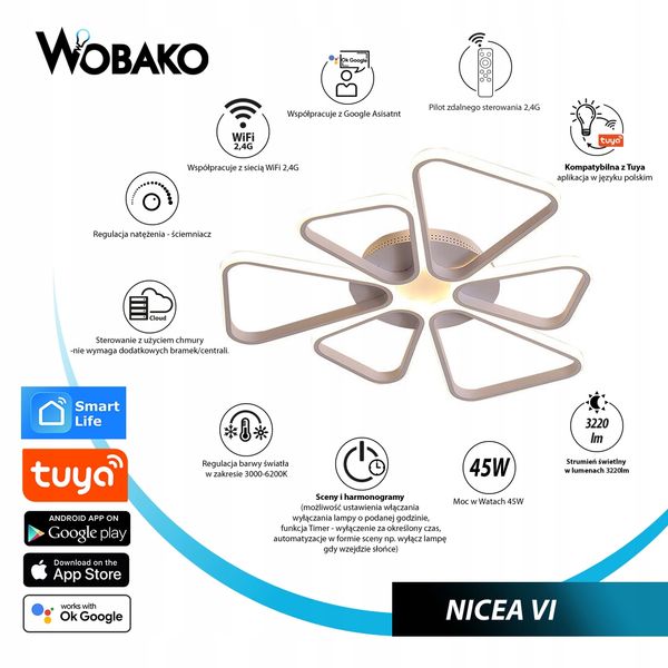 Lampa NICEA VI Wifi sufit PLAFON żyrandol 68cm LED Tuya Wobako zdjęcie 14