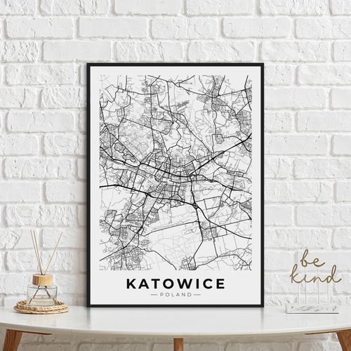Plakat Katowice mapa miasta plan miasta 21x30 cm w czarnej ramie na Arena.pl