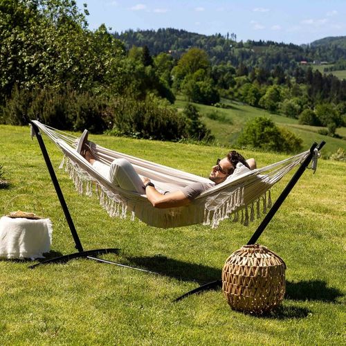 Hamak ogrodowy brazylijski z frędzlami boho Bari z regulowanym stelażem na Arena.pl