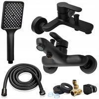 CZARNA BATERIA WANNOWA ŚCIENNA Z ZESTAWEM WĄŻ SŁUCHAWKA UCHWYT PRYSZNIC