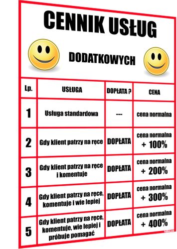 ŚMIESZNY ZABAWNY ŻARTOBLIWY CENNIK DLA FIRM USŁUGOWYCH - prezent na Arena.pl