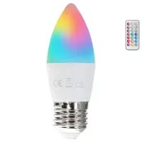 Żarówka LED świeczka C37 E27 6W RGB+3000K ciepła do salonu z pilotem