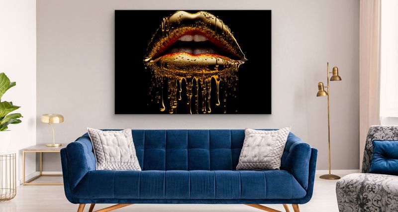 Obraz Na Płótnie ZŁOTE Usta Abstrakcja Dekoracja Ścienna Efekt 3D 100cm x 70cm zdjęcie 2