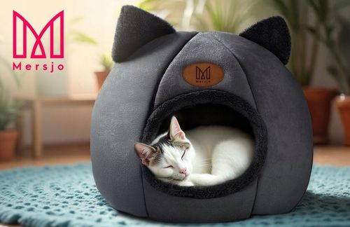 Domek dla kota, budka, legowisko pluszowe z uszkami czarne na Arena.pl